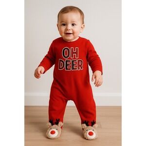 Holiday Time "OH DEER" Christmas Footed Sleeper 18M Red Reindeer‎ Feet